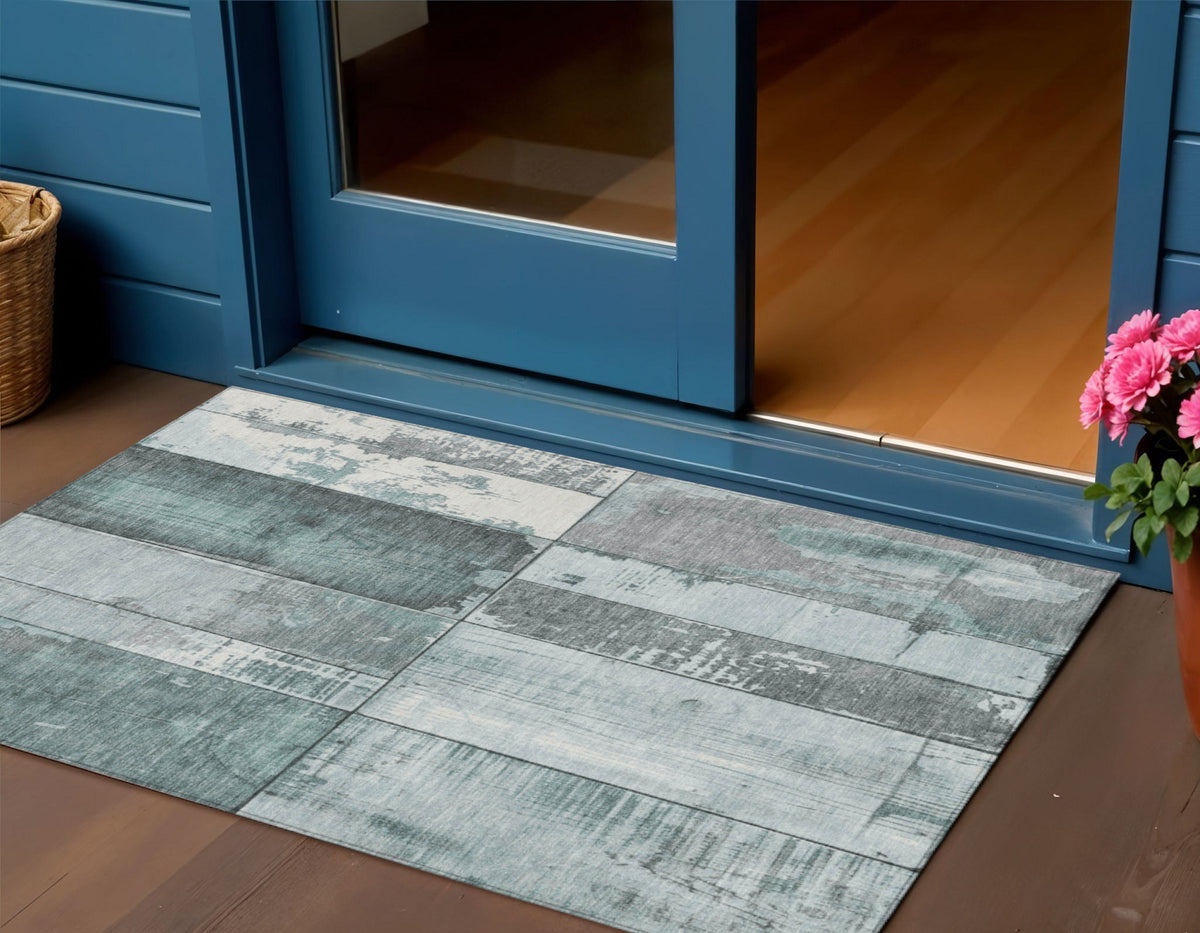 3 X 5 Pale Aqua And Gray Geometric Washable Indoor Outdoor Area Rug