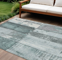 8 X 10 Pale Aqua And Gray Geometric Washable Indoor Outdoor Area Rug