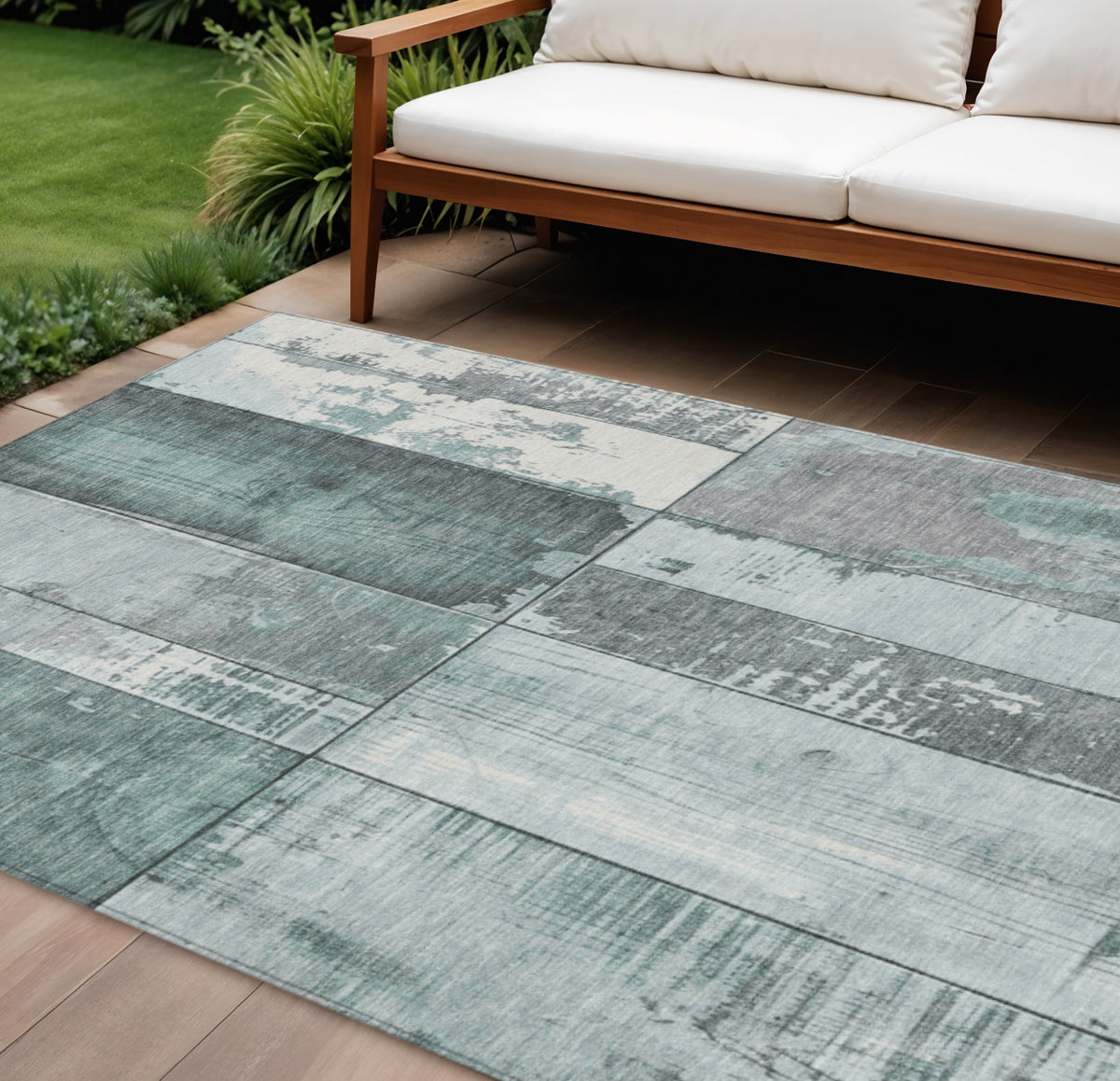 8 X 10 Pale Aqua And Gray Geometric Washable Indoor Outdoor Area Rug