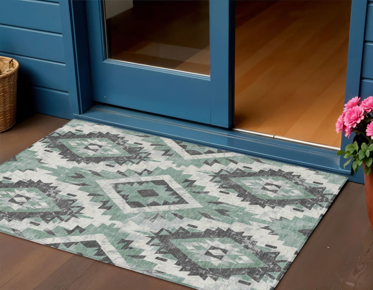 3 X 5 Pale Aqua And Gray Aztec Washable Indoor Outdoor Area Rug