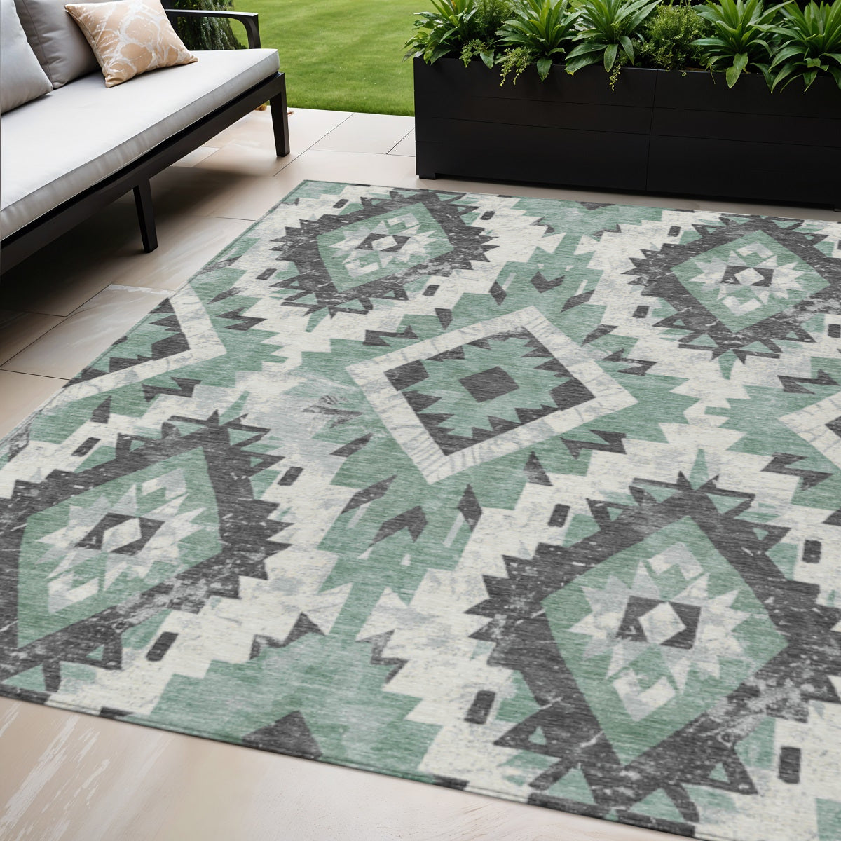 5 X 8 Pale Aqua And Gray Aztec Washable Indoor Outdoor Area Rug