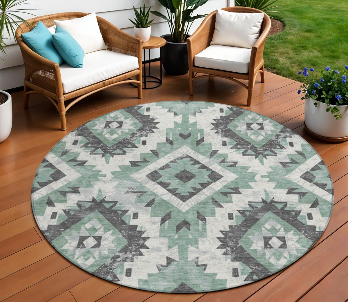 8 Pale Aqua And Gray Round Aztec Washable Indoor Outdoor Area Rug