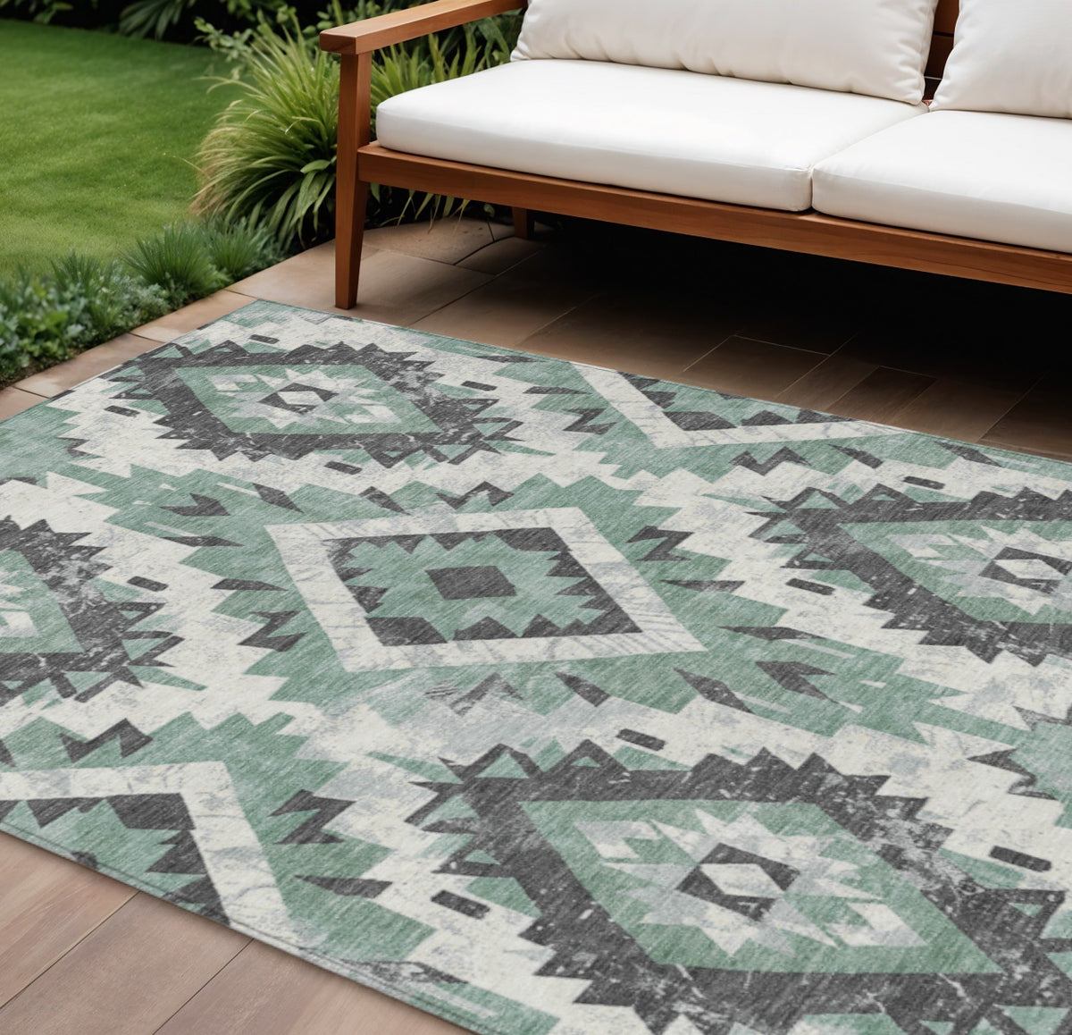 10 X 14 Pale Aqua And Gray Aztec Washable Indoor Outdoor Area Rug