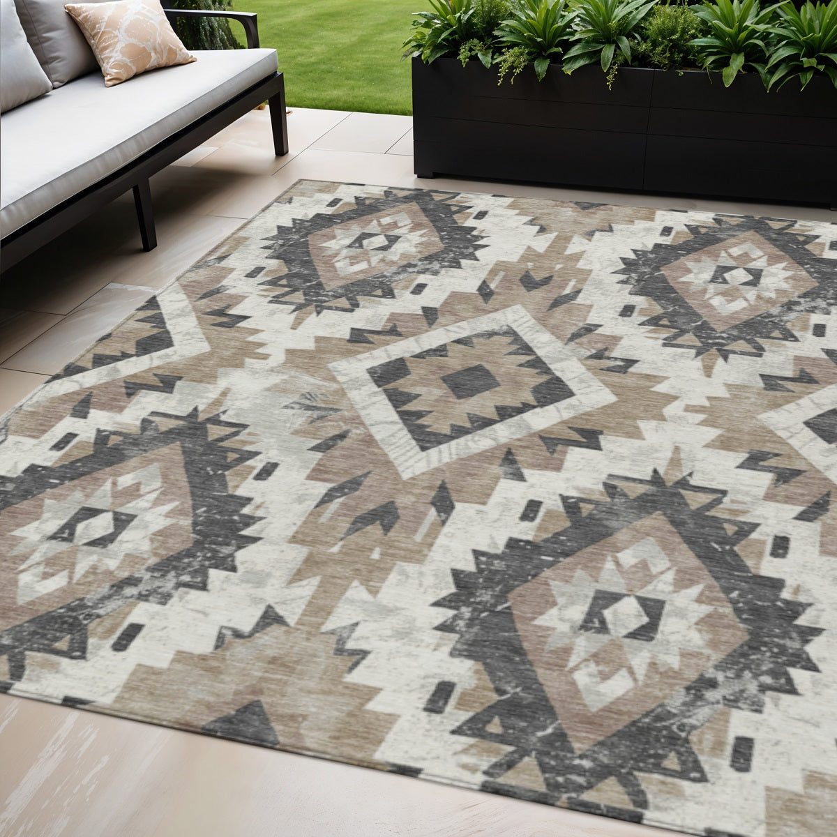 5 X 8 Taupe And Gray Aztec Washable Indoor Outdoor Area Rug