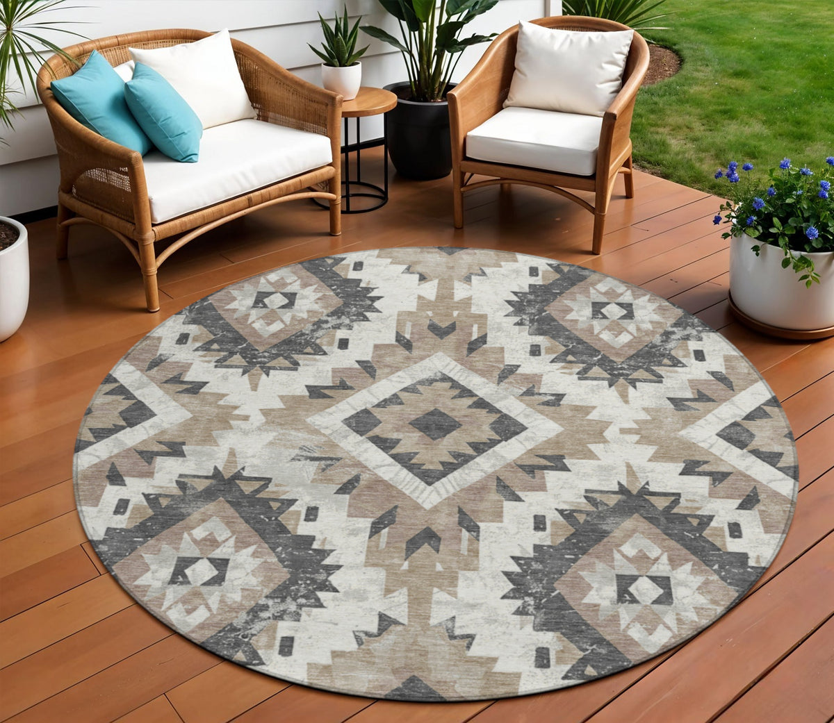 8 Taupe And Gray Round Aztec Washable Indoor Outdoor Area Rug