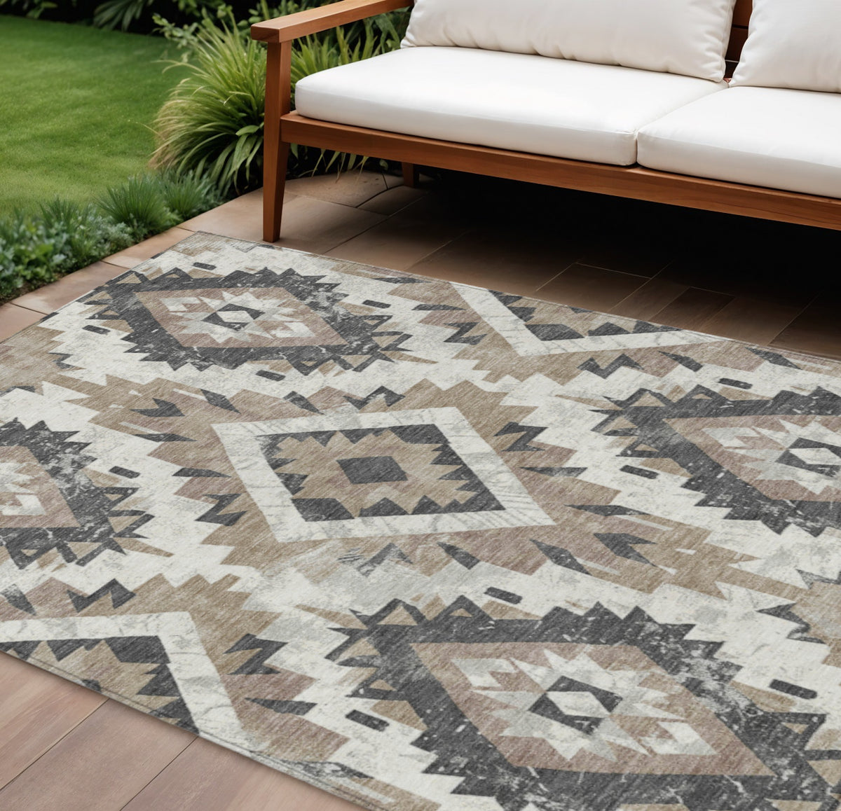 8 X 10 Taupe And Gray Aztec Washable Indoor Outdoor Area Rug