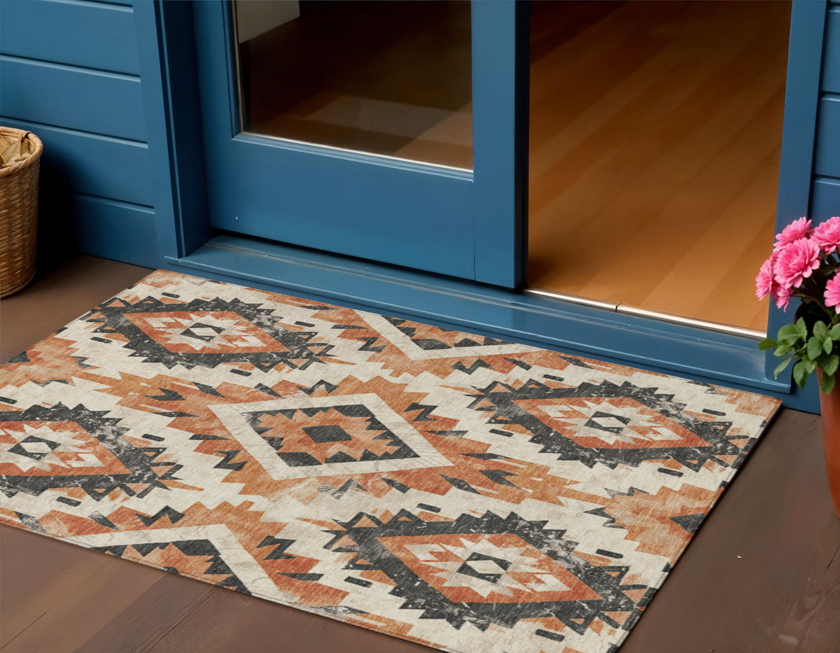 3 X 5 Terra Cotta And Gray Aztec Washable Indoor Outdoor Area Rug