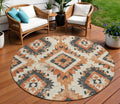 8 Terra Cotta And Gray Round Aztec Washable Indoor Outdoor Area Rug