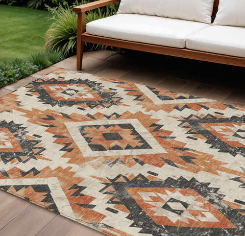 10 X 14 Terra Cotta And Gray Aztec Washable Indoor Outdoor Area Rug