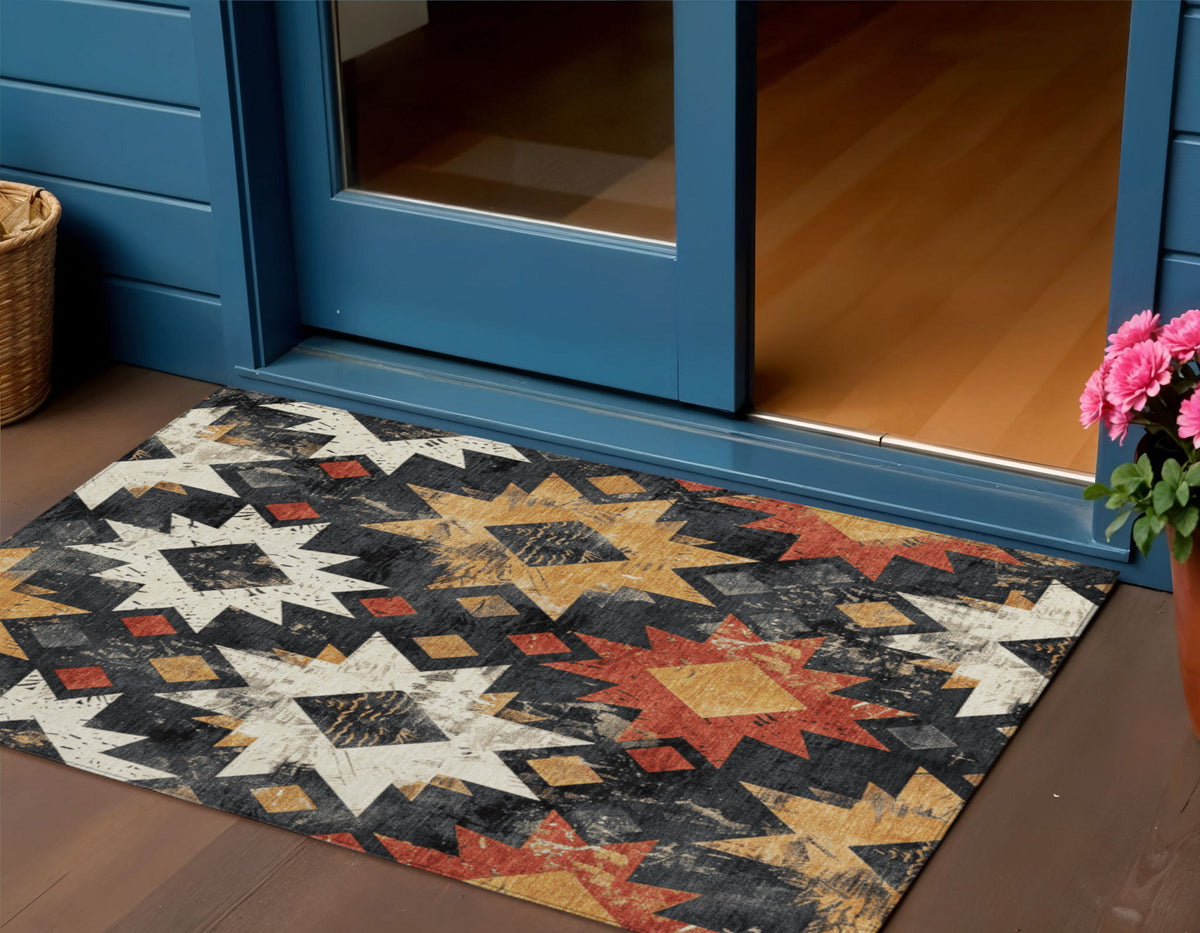 3 X 5 Black Gold And Rust Aztec Washable Indoor Outdoor Area Rug