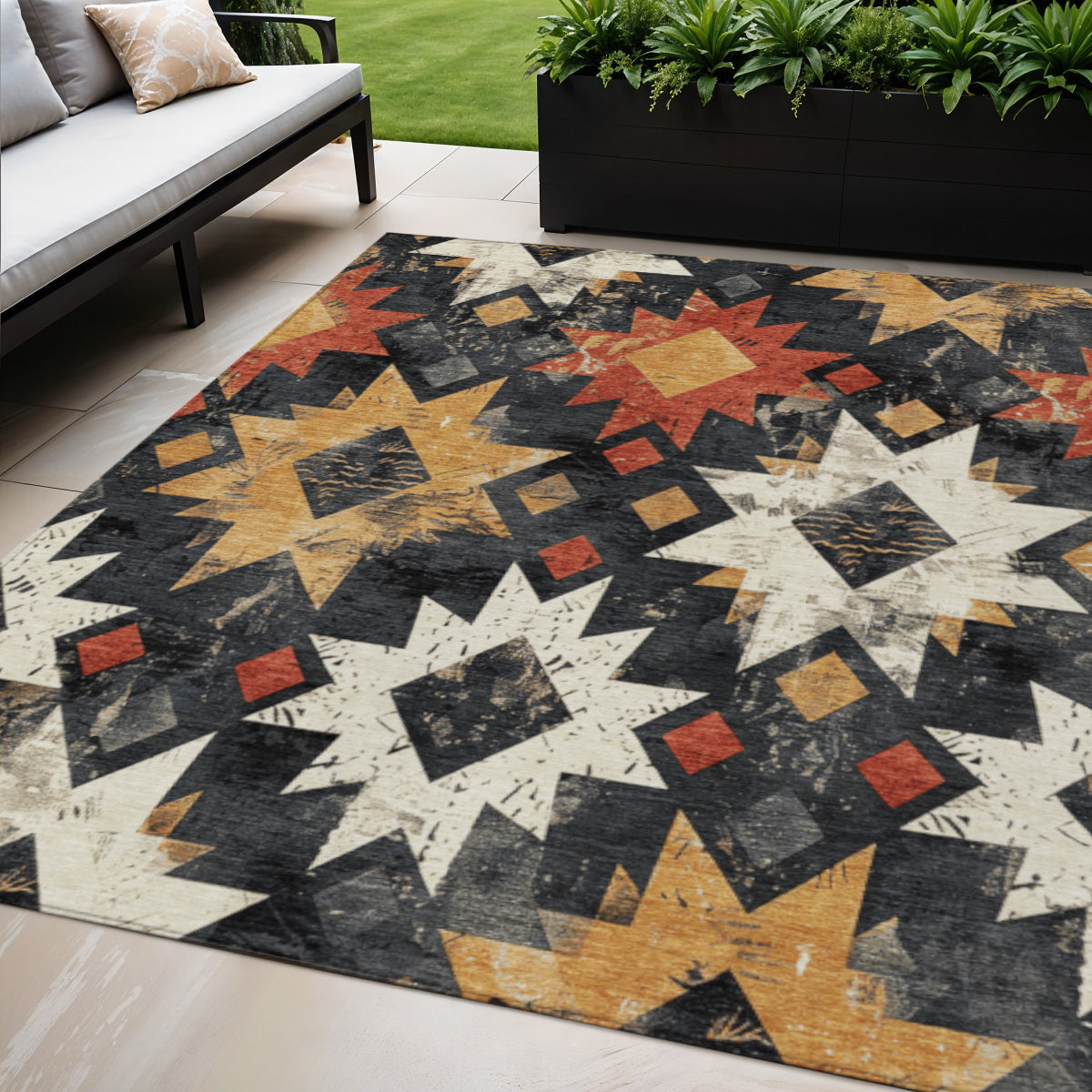 5 X 8 Black Gold And Rust Aztec Washable Indoor Outdoor Area Rug