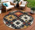 8 Black Gold And Rust Round Aztec Washable Indoor Outdoor Area Rug