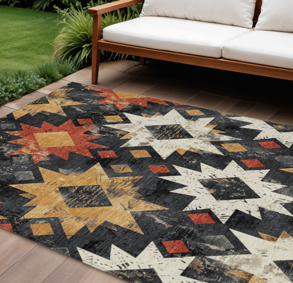 8 X 10 Black Gold And Rust Aztec Washable Indoor Outdoor Area Rug