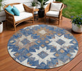 8 Blue Brown And Ivory Round Aztec Washable Indoor Outdoor Area Rug