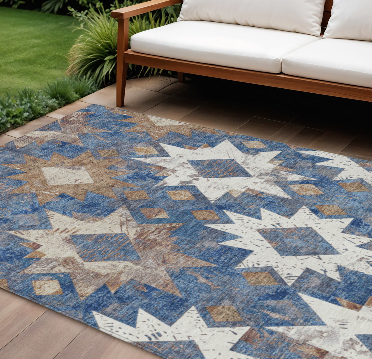 10 X 14 Blue Brown And Ivory Aztec Washable Indoor Outdoor Area Rug