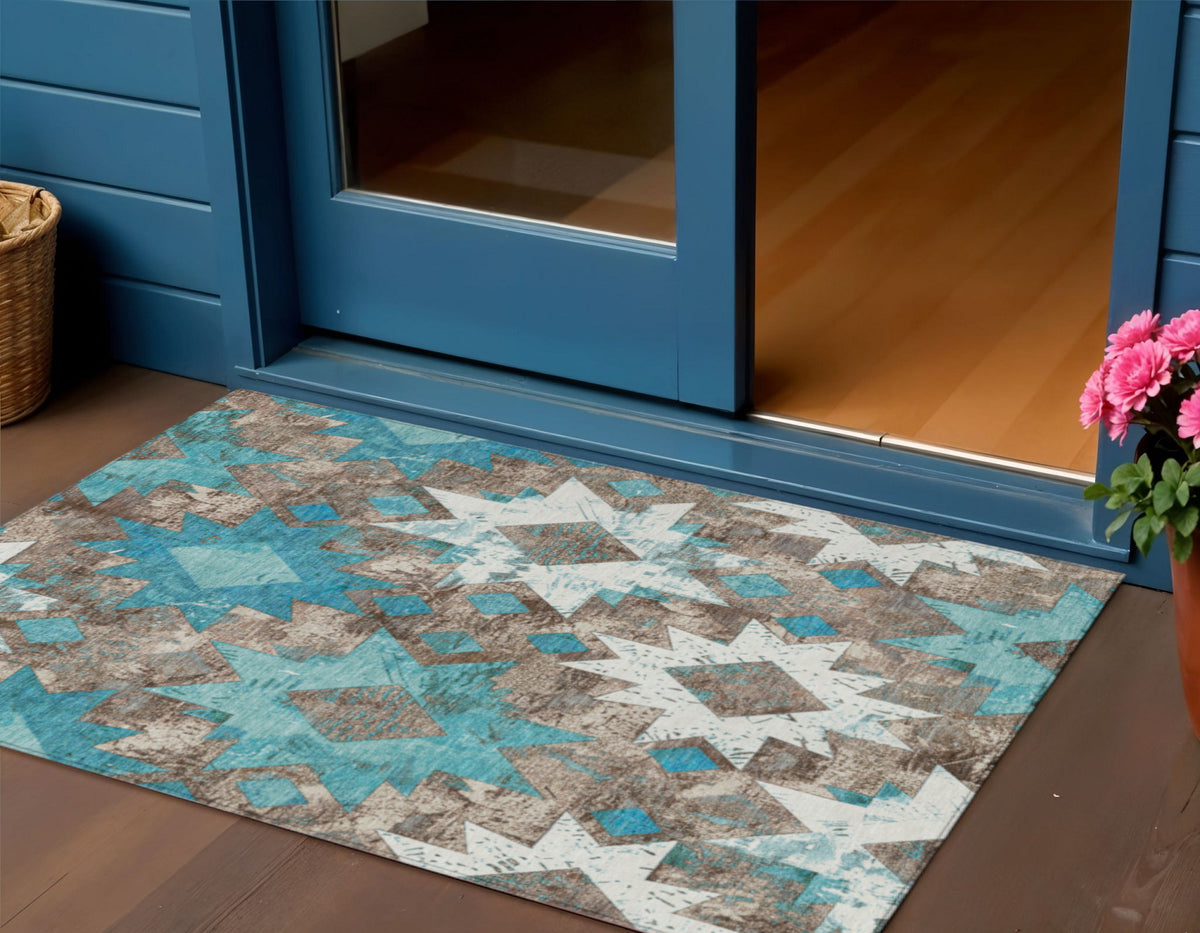 3 X 5 Teal Blue Brown And Ivory Aztec Washable Indoor Outdoor Area Rug