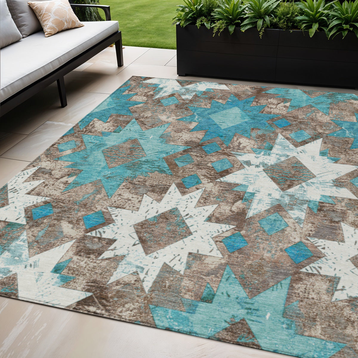 5 X 8 Teal Blue Brown And Ivory Aztec Washable Indoor Outdoor Area Rug