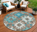 8 Teal Blue Brown And Ivory Round Aztec Washable Indoor Outdoor Area Rug