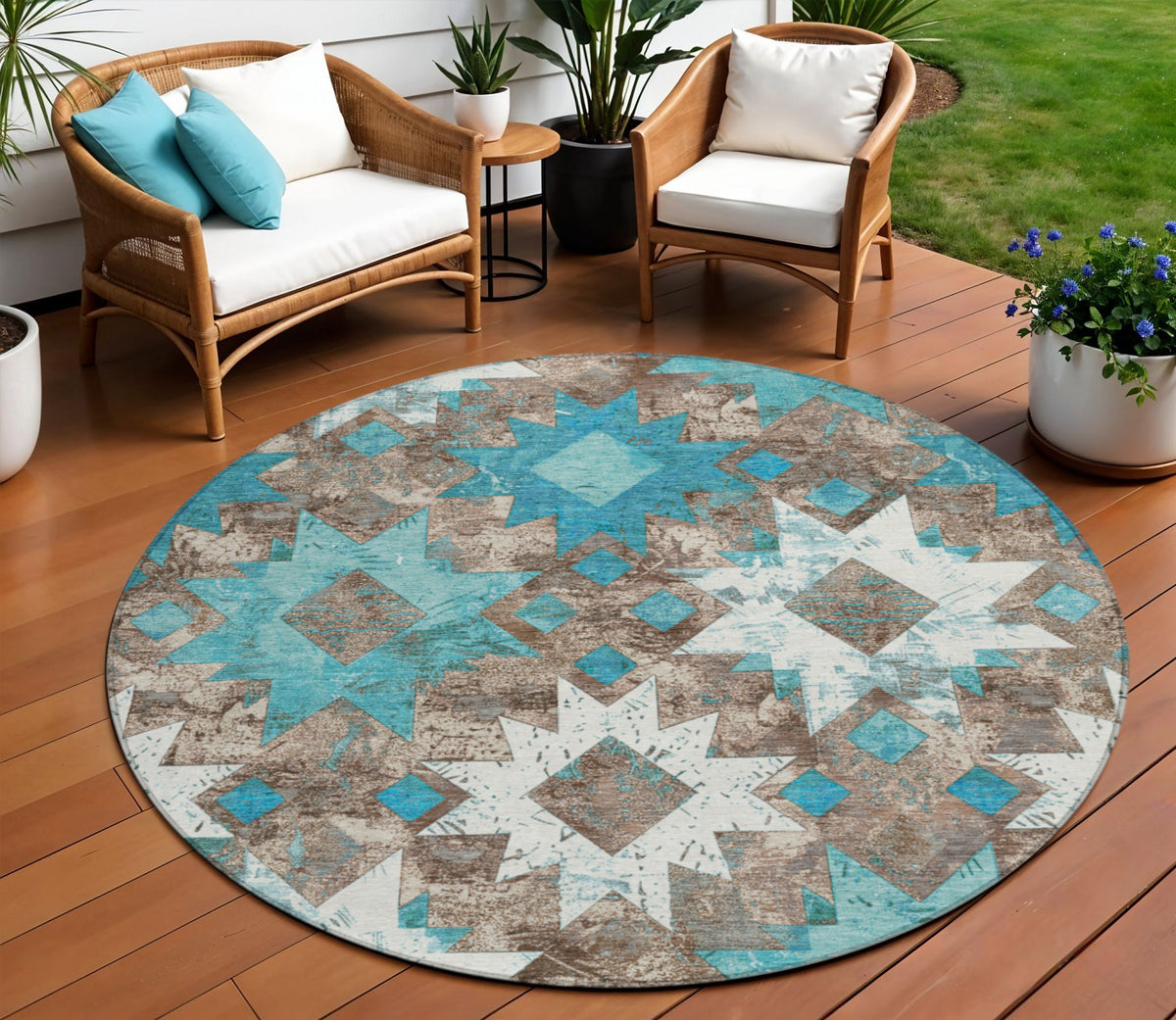 8 Teal Blue Brown And Ivory Round Aztec Washable Indoor Outdoor Area Rug