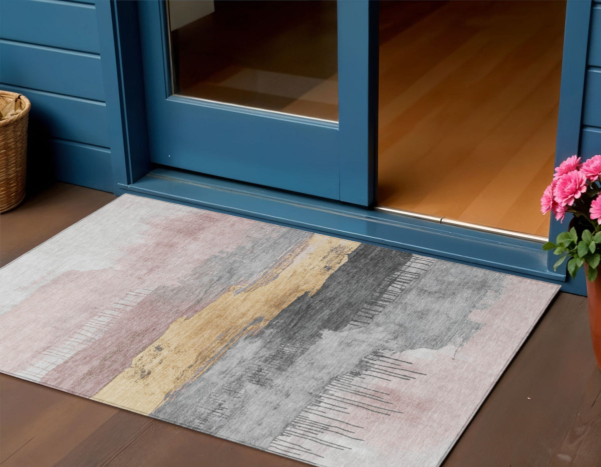 3 X 5 Blush And Gold Abstract Washable Indoor Outdoor Area Rug
