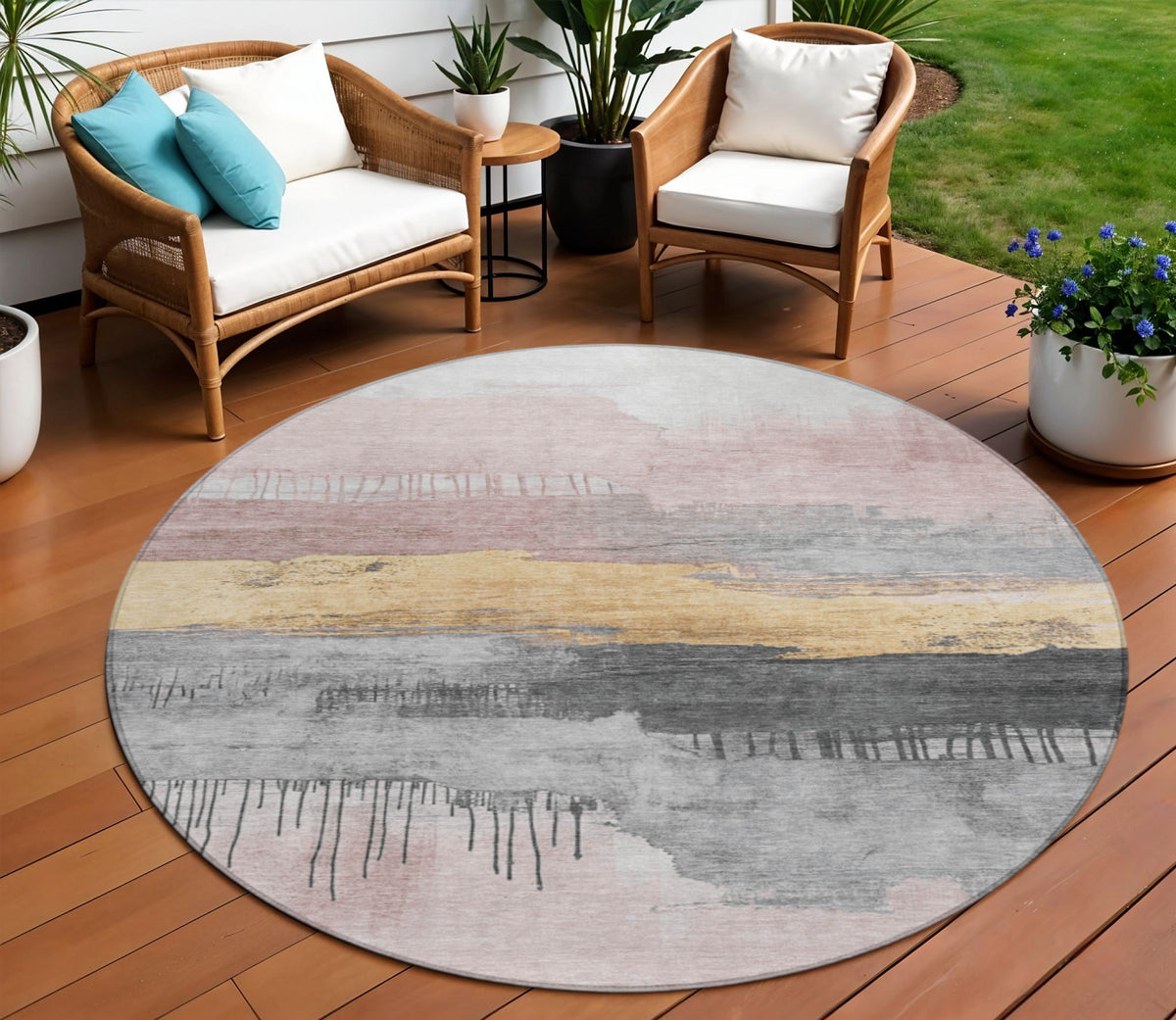 8 Blush And Gold Round Abstract Washable Indoor Outdoor Area Rug
