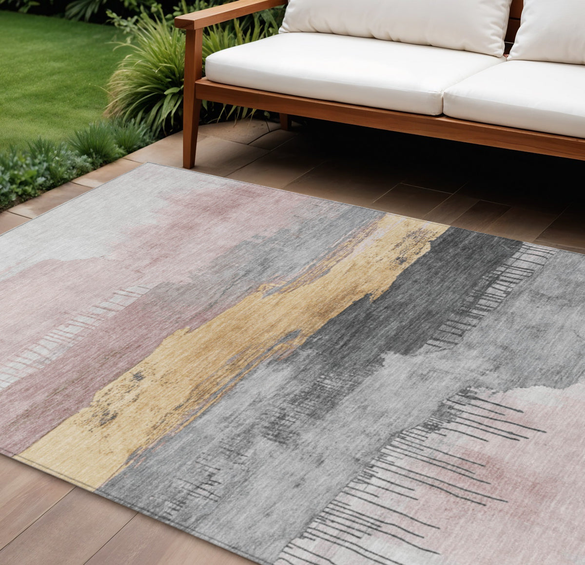 9 X 12 Blush And Gold Abstract Washable Indoor Outdoor Area Rug