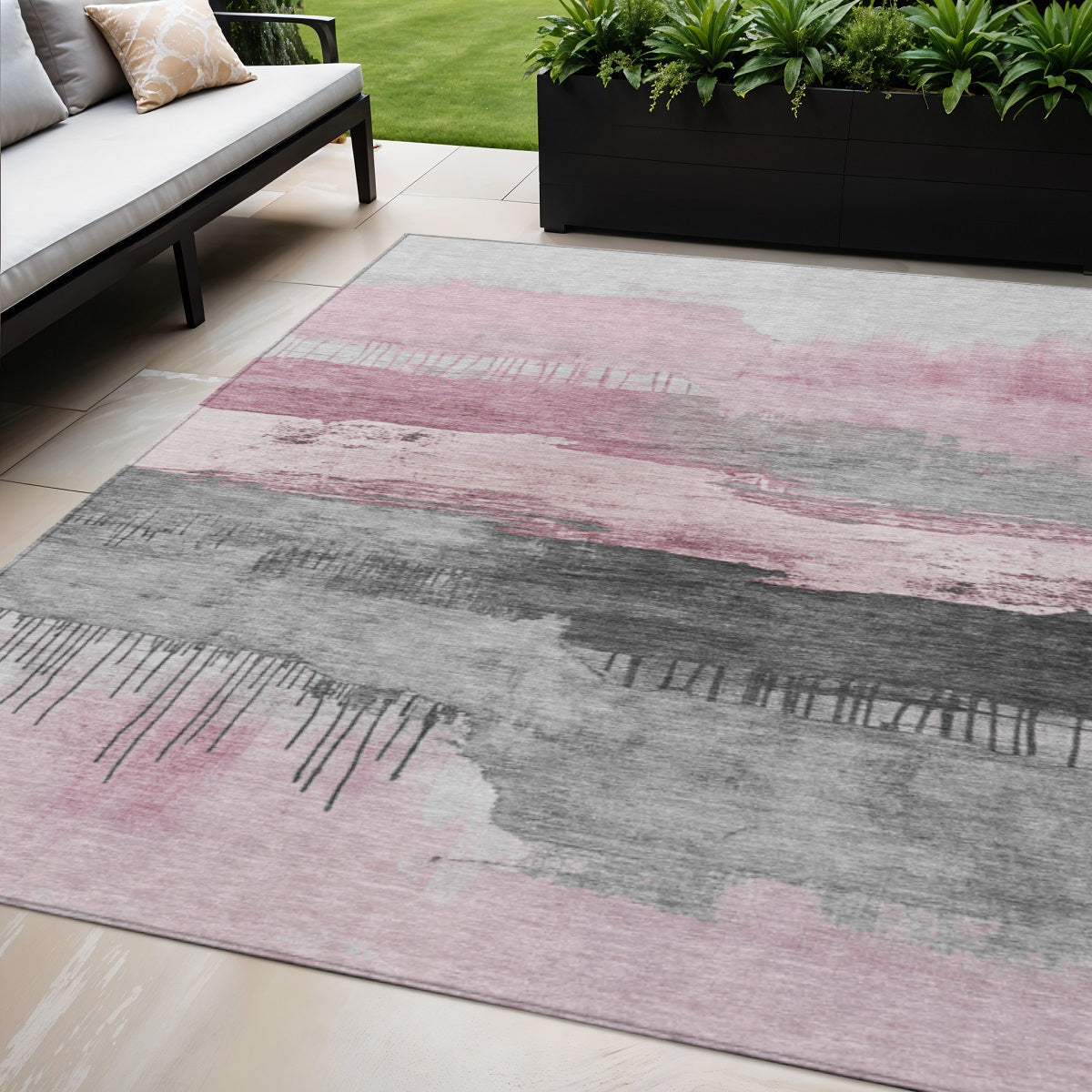 5 X 8 Pink And Charcoal Abstract Washable Indoor Outdoor Area Rug