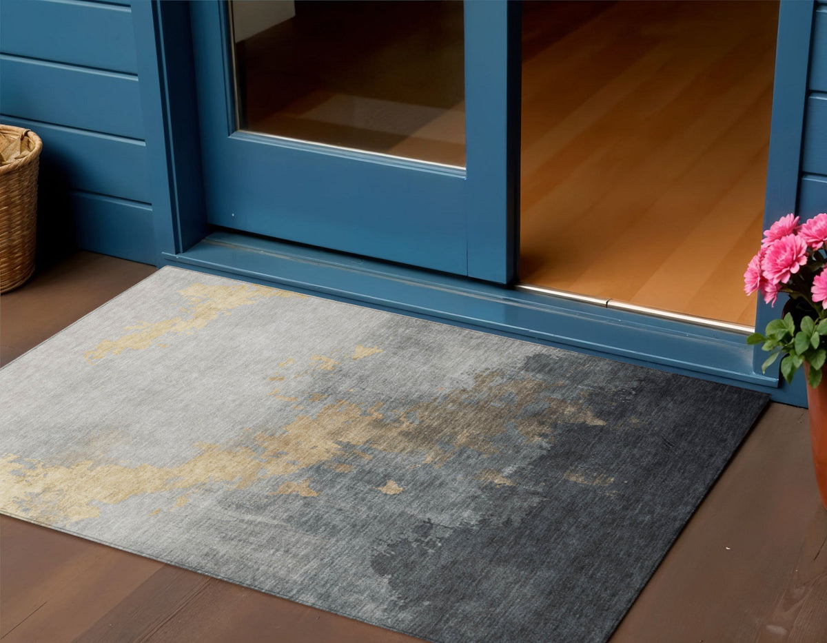 3 X 5 Gold And Charcoal Abstract Washable Indoor Outdoor Area Rug
