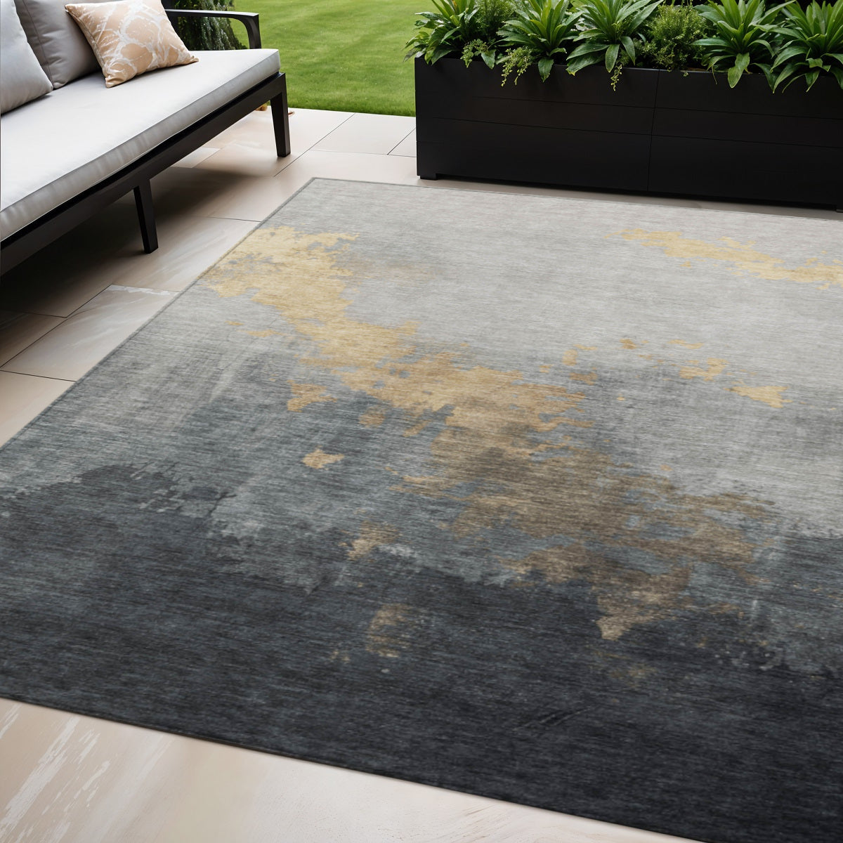 5 X 8 Gold And Charcoal Abstract Washable Indoor Outdoor Area Rug