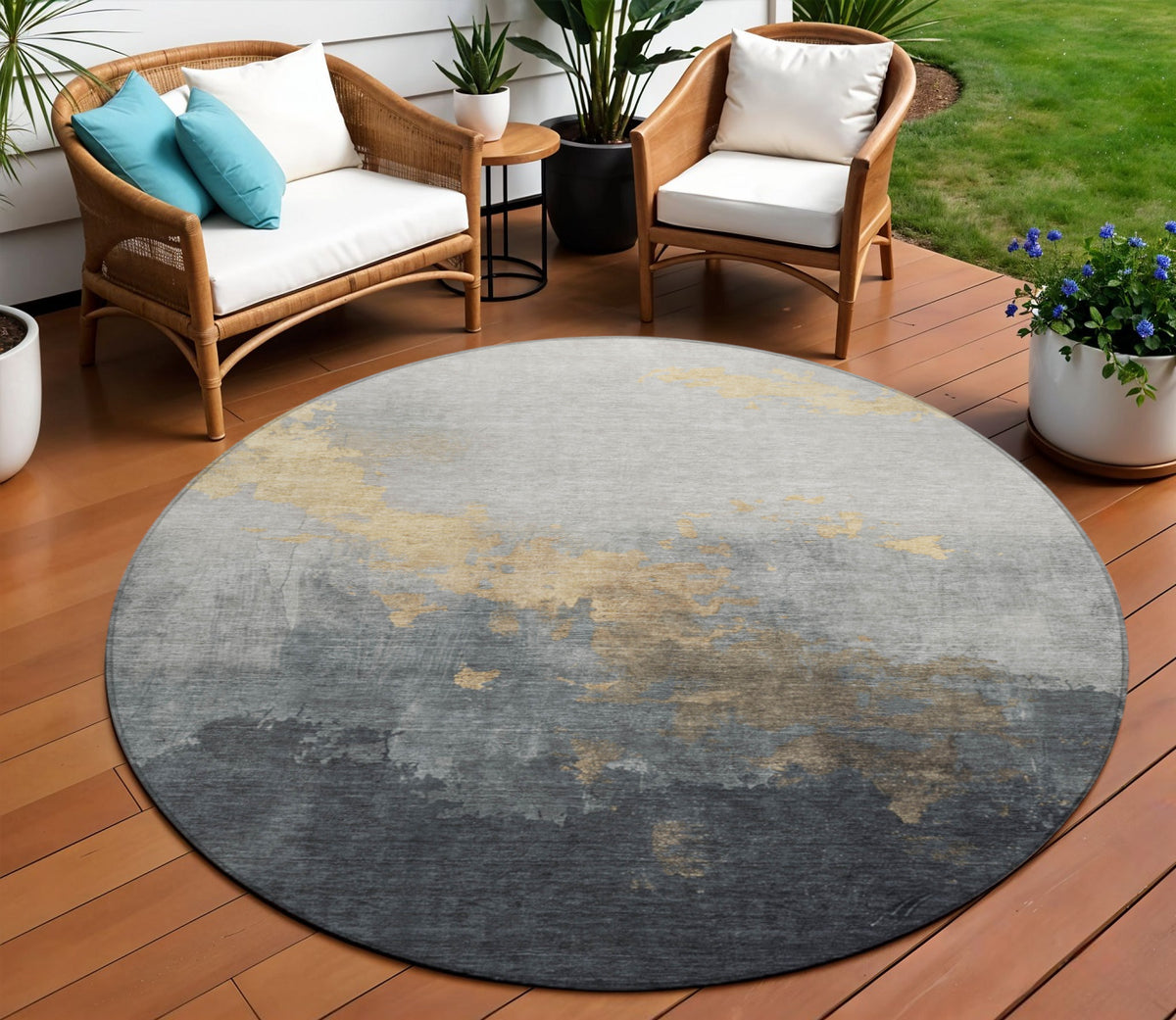 8 Gold And Charcoal Round Abstract Washable Indoor Outdoor Area Rug