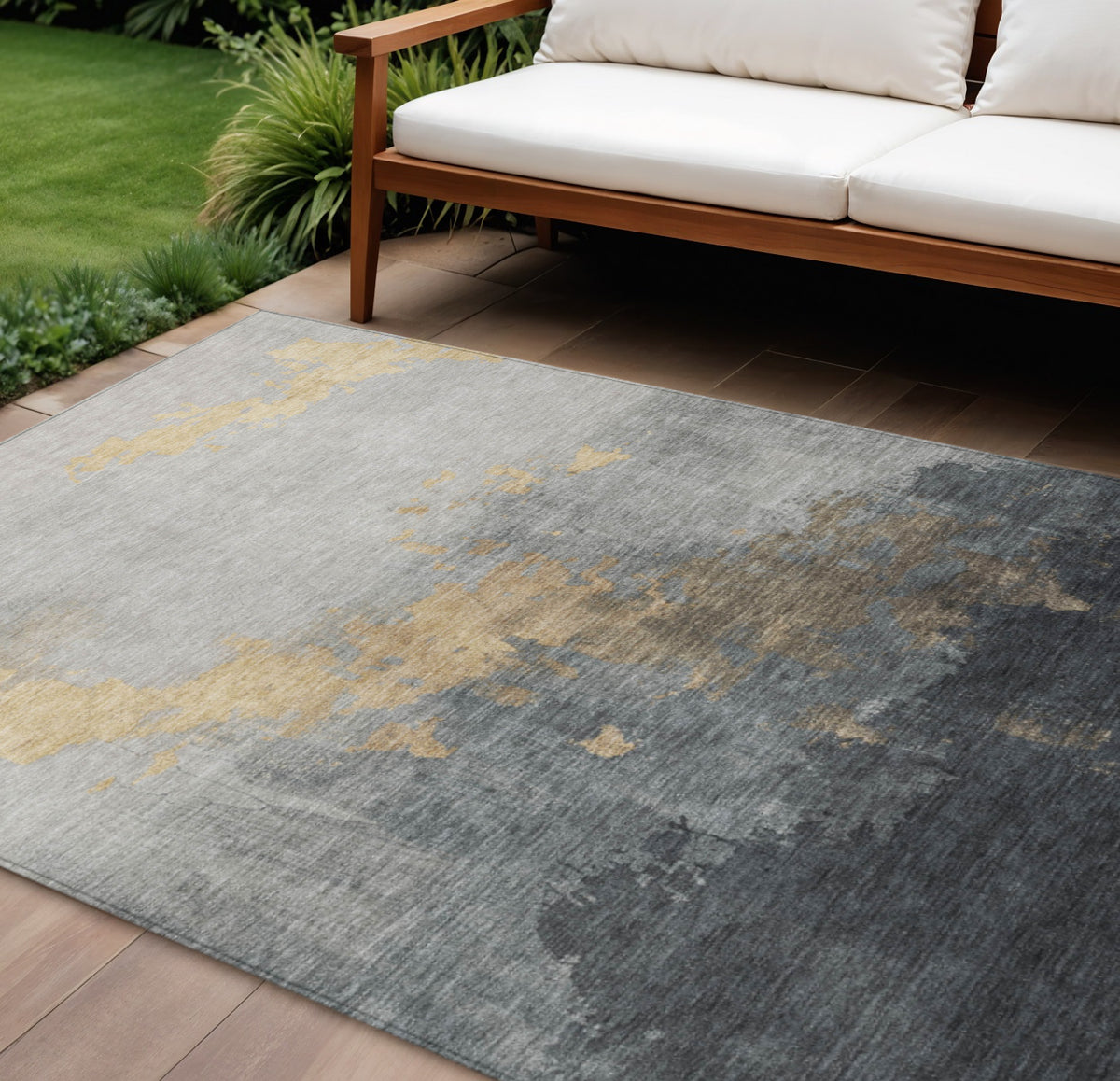 9 X 12 Gold And Charcoal Abstract Washable Indoor Outdoor Area Rug