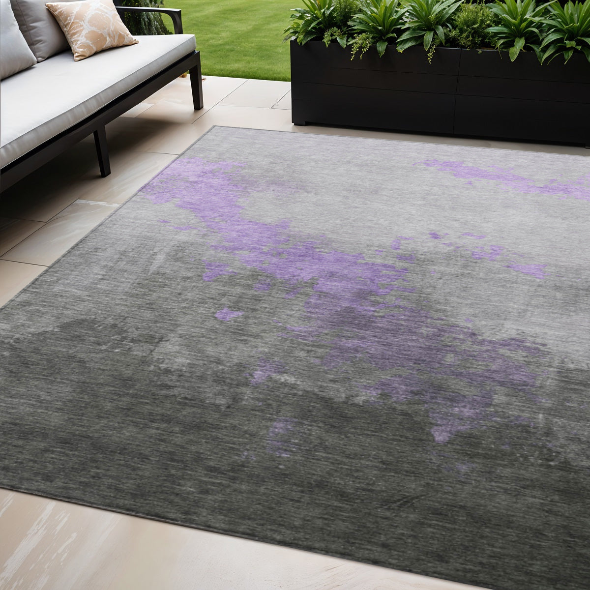 5 X 8 Lavender And Charcoal Abstract Washable Indoor Outdoor Area Rug