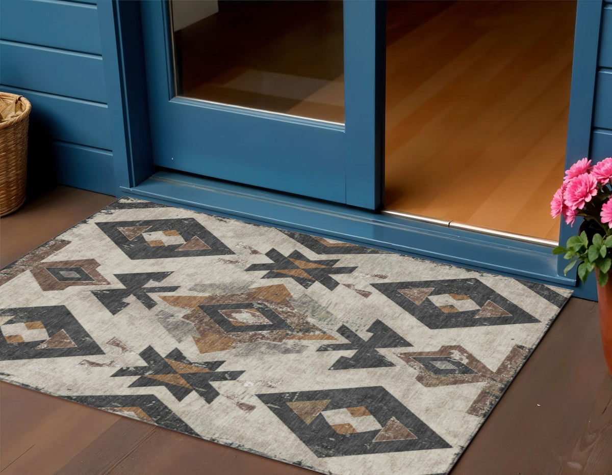 3 X 5 Beige Brown And Charcoal Aztec Washable Indoor Outdoor Area Rug