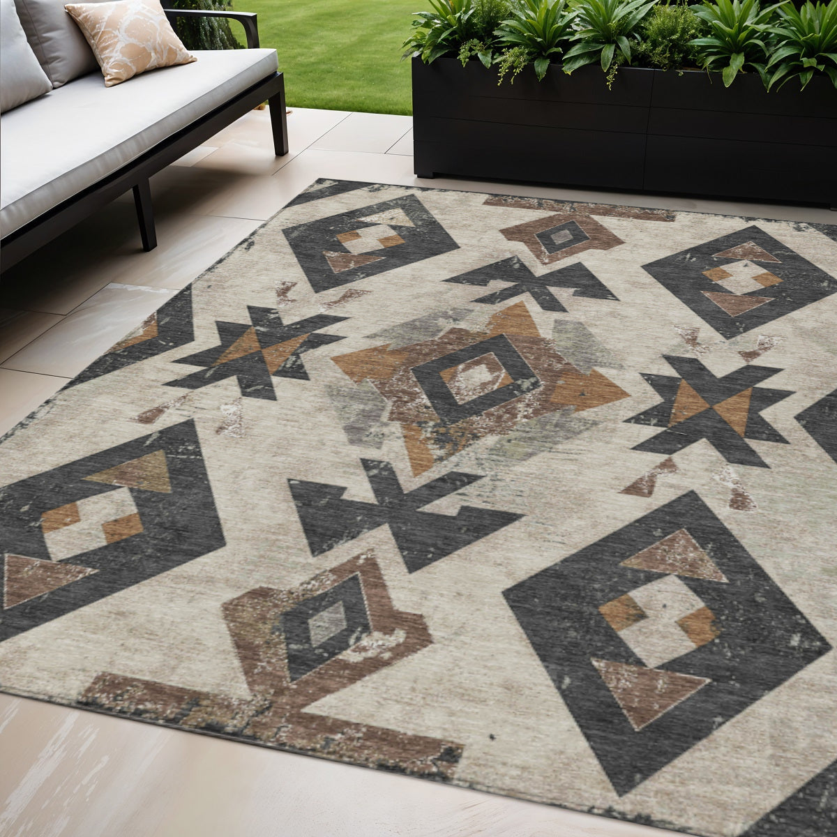5 X 8 Beige Brown And Charcoal Aztec Washable Indoor Outdoor Area Rug