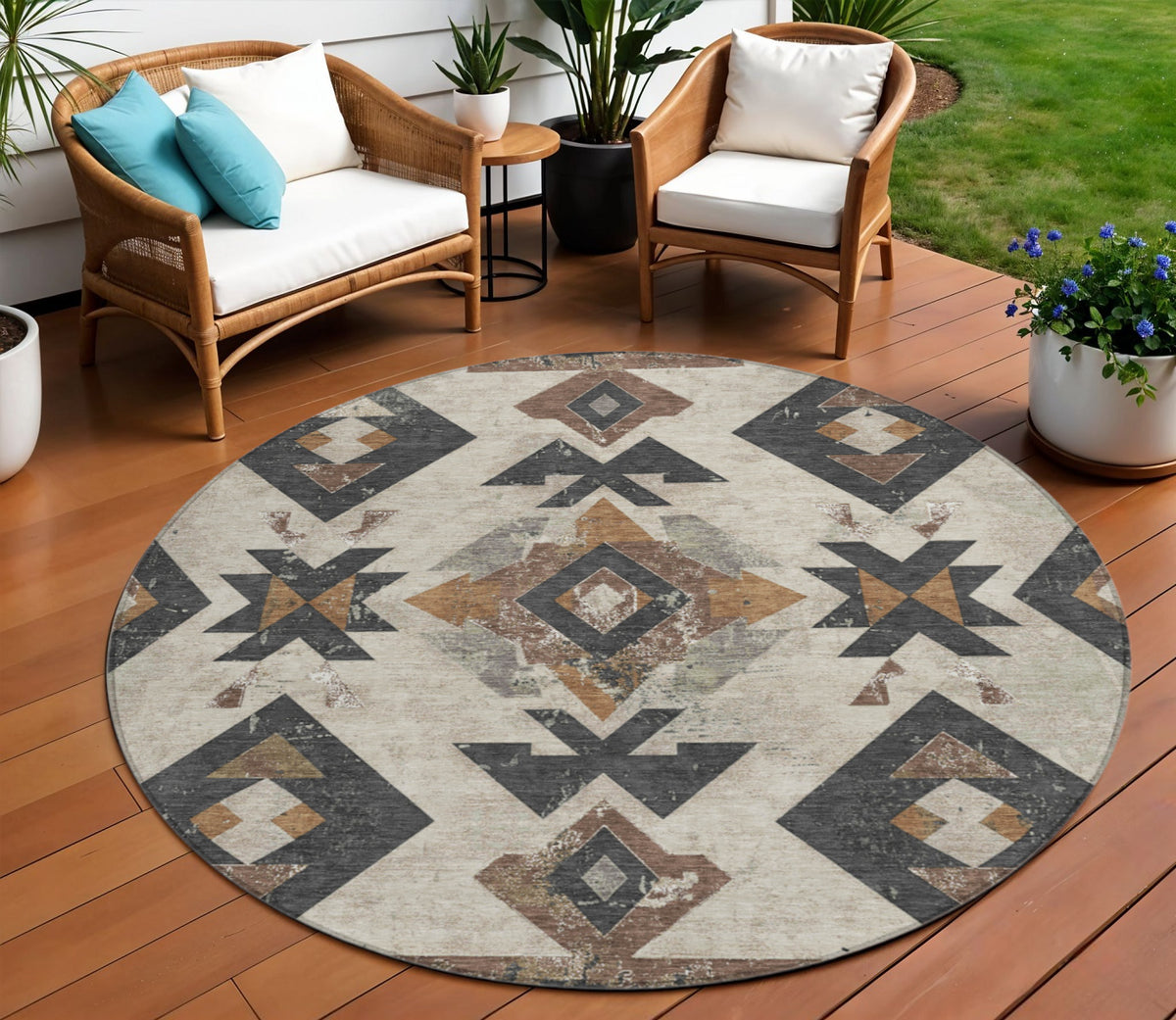 8 Beige Brown And Charcoal Round Aztec Washable Indoor Outdoor Area Rug