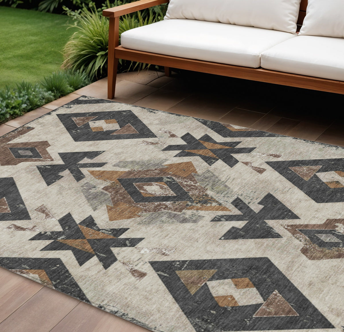 8 X 10 Beige Brown And Charcoal Aztec Washable Indoor Outdoor Area Rug