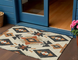 3 X 5 Ivory Orange And Charcoal Aztec Washable Indoor Outdoor Area Rug