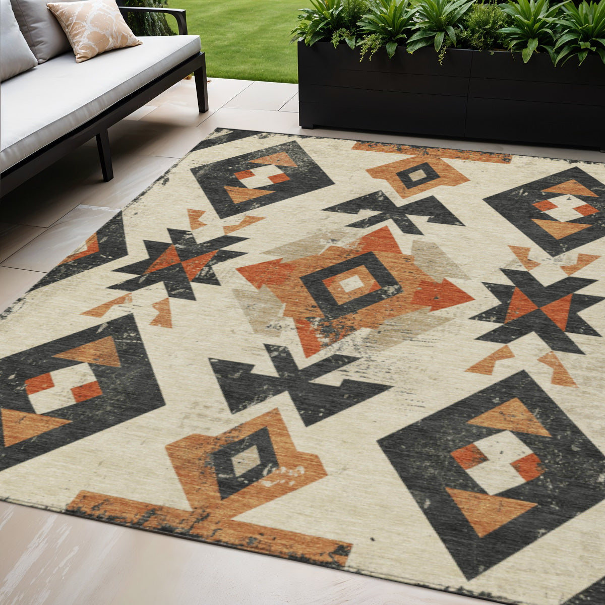 5 X 8 Ivory Orange And Charcoal Aztec Washable Indoor Outdoor Area Rug