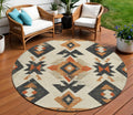 8 Ivory Orange And Charcoal Round Aztec Washable Indoor Outdoor Area Rug