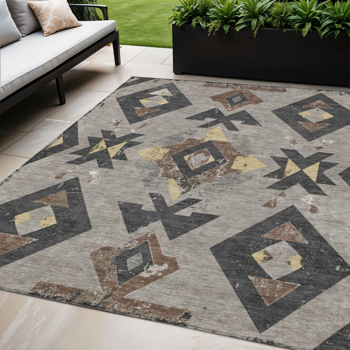 5 X 8 Taupe Charcoal And Wheat Aztec Washable Indoor Outdoor Area Rug