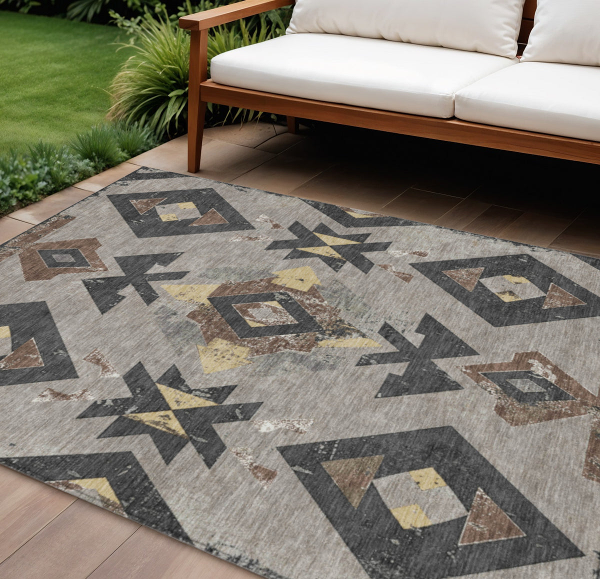 9 X 12 Taupe Charcoal And Wheat Aztec Washable Indoor Outdoor Area Rug