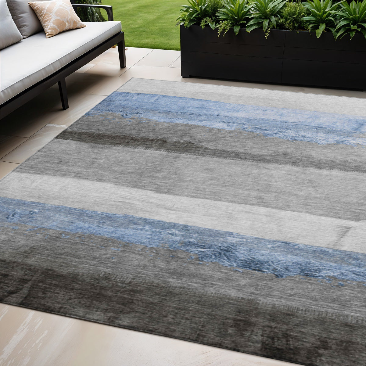 5 X 8 Sky Blue And Gray Striped Washable Indoor Outdoor Area Rug