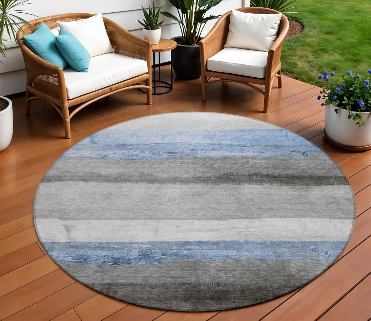 8 Sky Blue And Gray Round Striped Washable Indoor Outdoor Area Rug