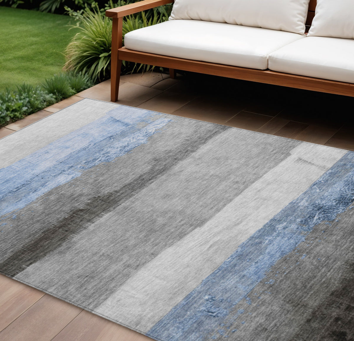 10 X 14 Sky Blue And Gray Striped Washable Indoor Outdoor Area Rug