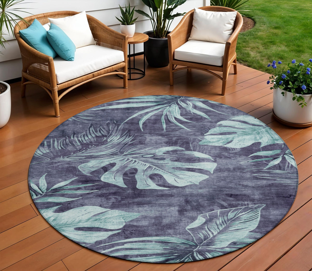 8 Blue And Mint Green Round Floral Washable Indoor Outdoor Area Rug