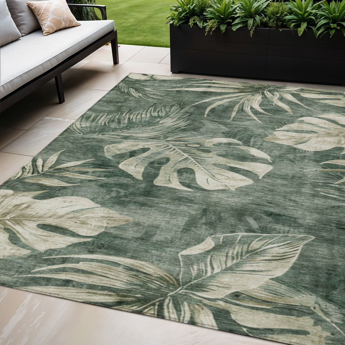 5 X 8 Fern Green And Sage Floral Washable Indoor Outdoor Area Rug