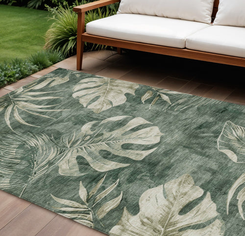 10 X 14 Fern Green And Sage Floral Washable Indoor Outdoor Area Rug
