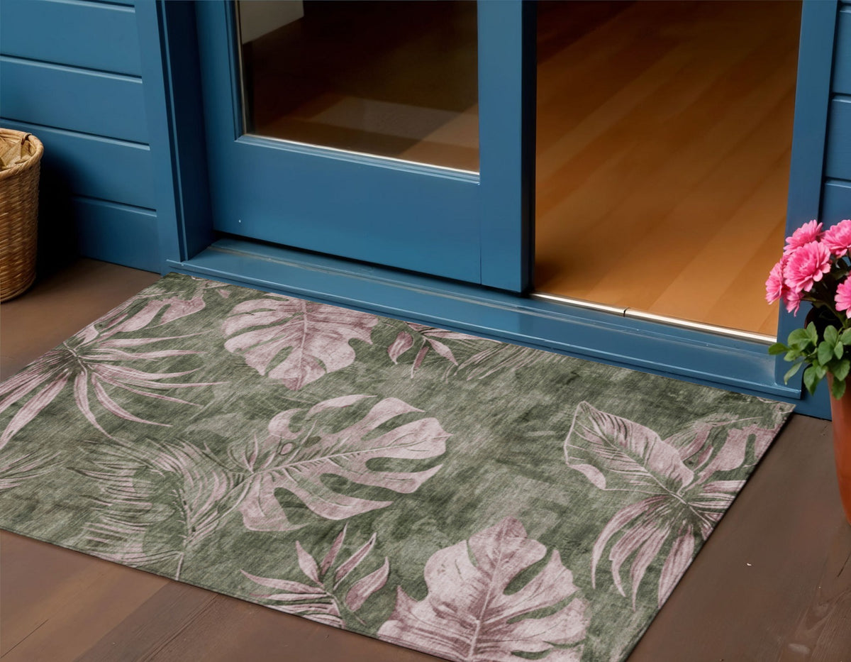 3 X 5 Olive Green And Blush Floral Washable Indoor Outdoor Area Rug