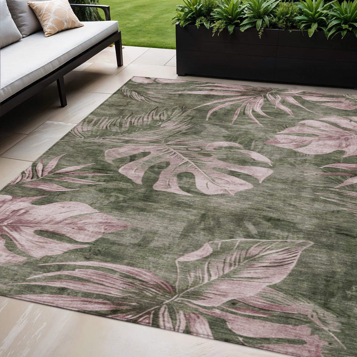 5 X 8 Olive Green And Blush Floral Washable Indoor Outdoor Area Rug