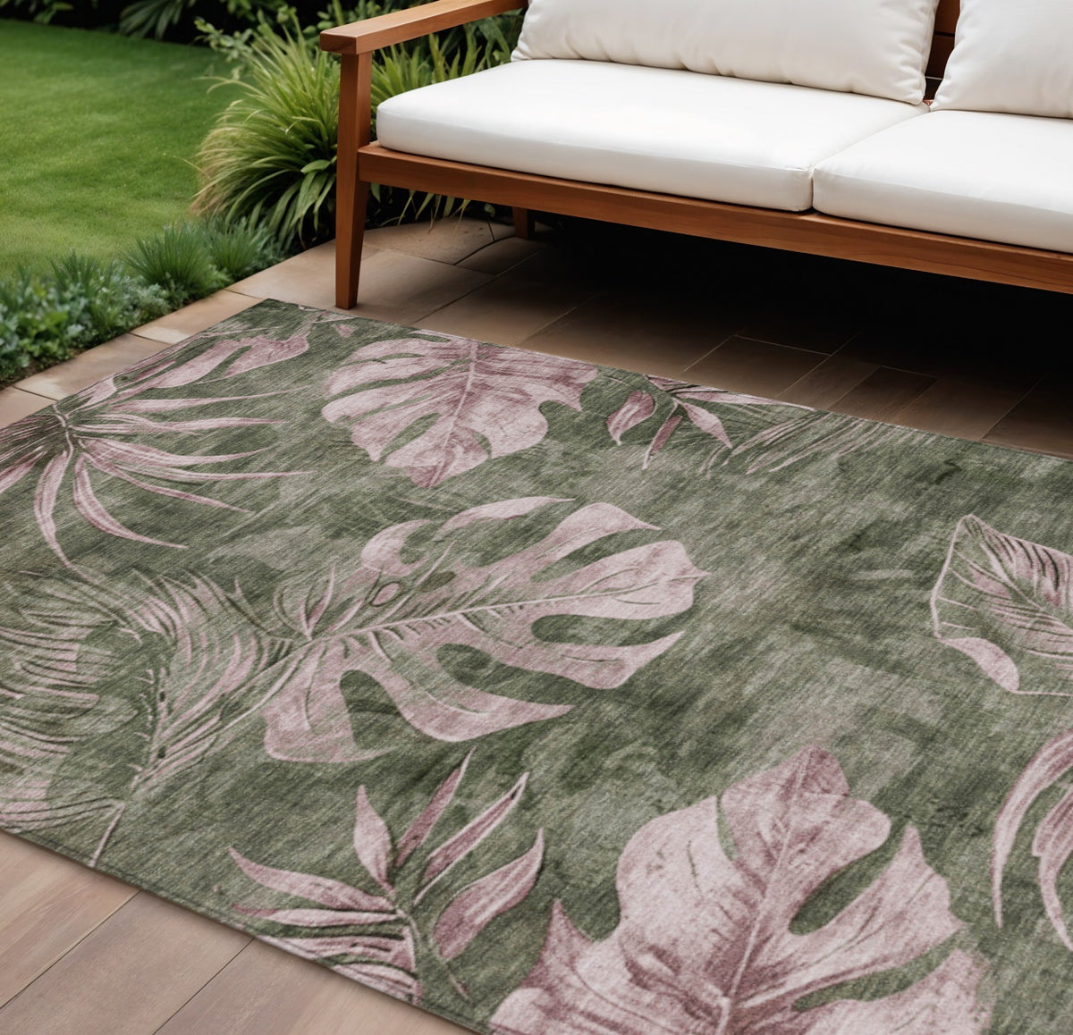 8 X 10 Olive Green And Blush Floral Washable Indoor Outdoor Area Rug